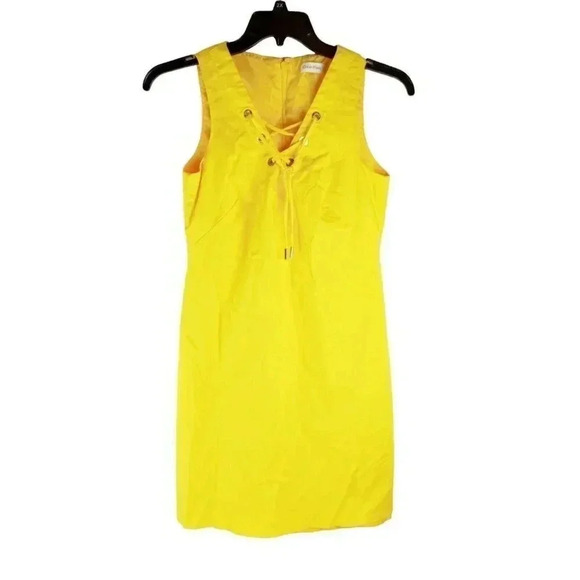 Calvin Klein Dresses & Skirts - Calvin Klein Womens Dress Yellow Sleeveless V-Neck Shift Knee Length Lace Up 8